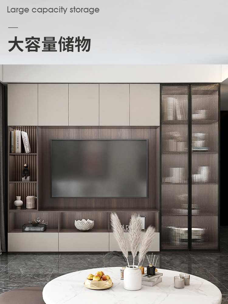 現代簡約組合電視柜 輕奢實木與玻璃門的完美結合，提升客廳儲物美學